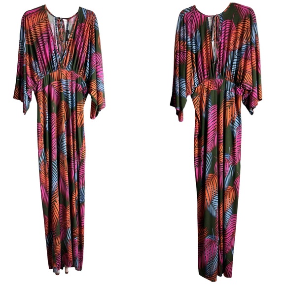 Dresses & Skirts - Kimono Sleeve Colorful Palm Leaves Tie Back Maxi Dress Size 1X